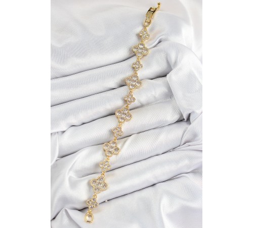 Pirinç Zirkon Taşlı Yonca Model Gold Renk VIP Seri Kadın Bileklik - TJ-BB7520 Pirinç Zirkon Taşlı Yonca Model Gold Renk VIP Seri Kadın Bileklik - TJ-BB7520