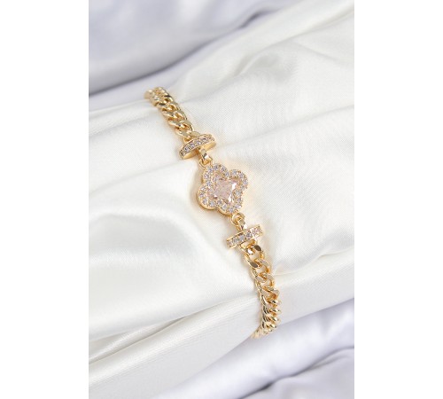 Pirinç Zirkon Taşlı Yonca Model Gold Renk Kadın Bileklik - TJ-BB7537 Pirinç Zirkon Taşlı Yonca Model Gold Renk Kadın Bileklik - TJ-BB7537