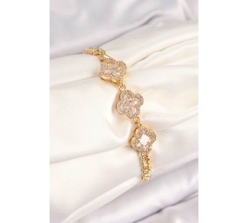 Pirinç Zirkon Taşlı Yonca Model Gold Renk Kadın Bileklik - TJ-BB7545 Pirinç Zirkon Taşlı Yonca Model Gold Renk Kadın Bileklik - TJ-BB7545