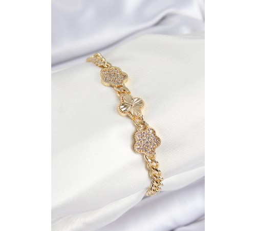 Pirinç Zirkon Taşlı Yonca Model Gold Renk Kadın Bileklik - TJ-BB7547 Pirinç Zirkon Taşlı Yonca Model Gold Renk Kadın Bileklik - TJ-BB7547