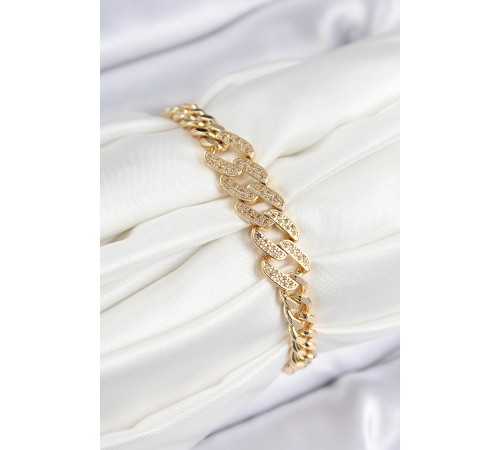 Pirinç Zirkon Taşlı Ezme Küba Zincir Model Gold Renk Kadın Bileklik - TJ-BB7549 Pirinç Zirkon Taşlı Ezme Küba Zincir Model Gold Renk Kadın Bileklik - TJ-BB7549