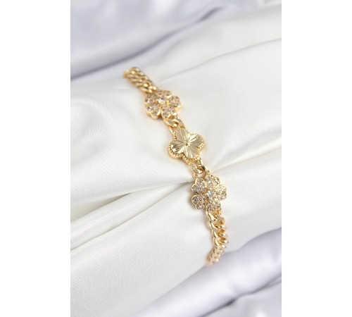 Pirinç Zirkon Taşlı Yonca Model Gold Renk Kadın Bileklik - TJ-BB7557 Pirinç Zirkon Taşlı Yonca Model Gold Renk Kadın Bileklik - TJ-BB7557
