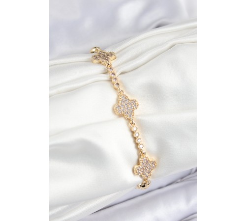 Pirinç Zirkon Taşlı Yonca Model Gold Renk Kadın Bileklik - TJ-BB7561 Pirinç Zirkon Taşlı Yonca Model Gold Renk Kadın Bileklik - TJ-BB7561