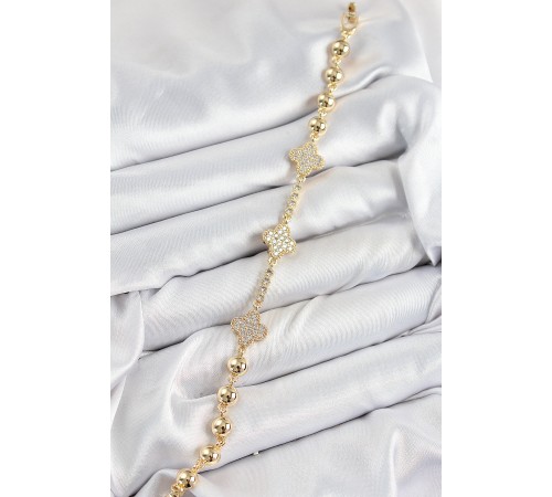 Pirinç Zirkon Taşlı Yonca Model Gold Renk Kadın Bileklik - TJ-BB7561 Pirinç Zirkon Taşlı Yonca Model Gold Renk Kadın Bileklik - TJ-BB7561