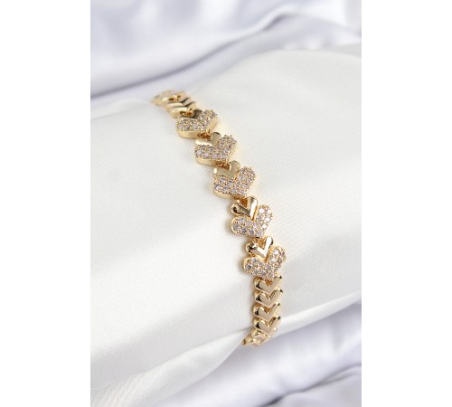 Pirinç Zirkon Taşlı Kalp Model Gold Renk Kadın Bileklik - TJ-BB7562 Pirinç Zirkon Taşlı Kalp Model Gold Renk Kadın Bileklik - TJ-BB7562