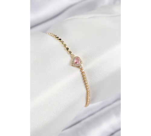 Pirinç Zirkon Taşlı Kalp Model Ezme Zincir Gold Renk Kadın Bileklik - TJ-BB7585 Pirinç Zirkon Taşlı Kalp Model Ezme Zincir Gold Renk Kadın Bileklik - TJ-BB7585