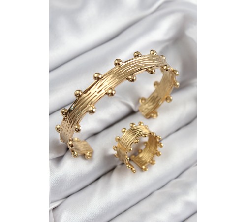 Pirinç Topcuk Model Gold Renk Bileklik Yüzük Set - TJ-BB7602 Pirinç Topcuk Model Gold Renk Bileklik Yüzük Set - TJ-BB7602