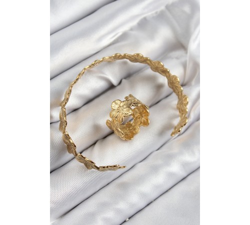 Pirinç Çiçek Model Gold Renk Bileklik Yüzük Set - TJ-BB7604 Pirinç Çiçek Model Gold Renk Bileklik Yüzük Set - TJ-BB7604