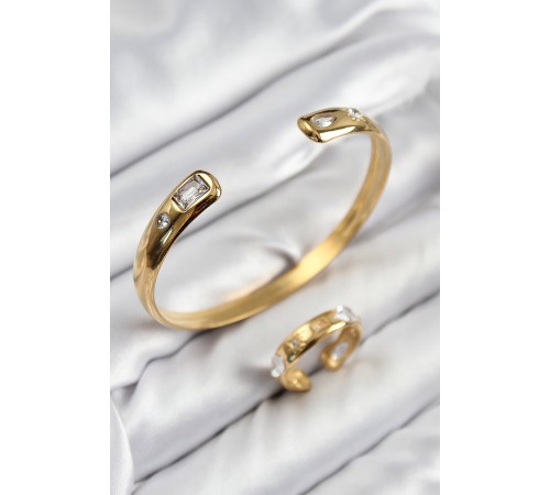 Pirinç Zirkon Taşlı Ayrık Model Gold Renk Bileklik Yüzük Set - TJ-BB7605 Pirinç Zirkon Taşlı Ayrık Model Gold Renk Bileklik Yüzük Set - TJ-BB7605