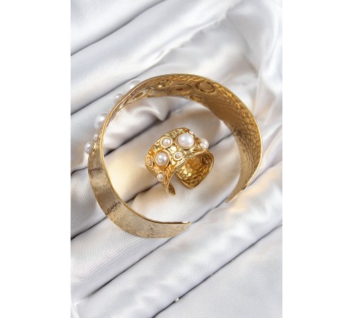 Pirinç İncili Model Gold Renk Bileklik Yüzük Set - TJ-BB7606 Pirinç İncili Model Gold Renk Bileklik Yüzük Set - TJ-BB7606