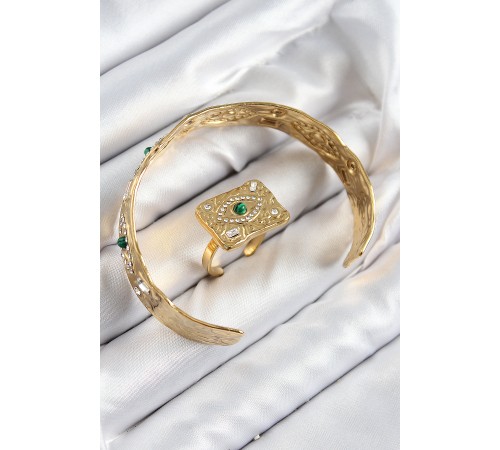 Pirinç Zirkon Taşlı Göz Model Gold Renk Bileklik Yüzük Set - TJ-BB7608 Pirinç Zirkon Taşlı Göz Model Gold Renk Bileklik Yüzük Set - TJ-BB7608