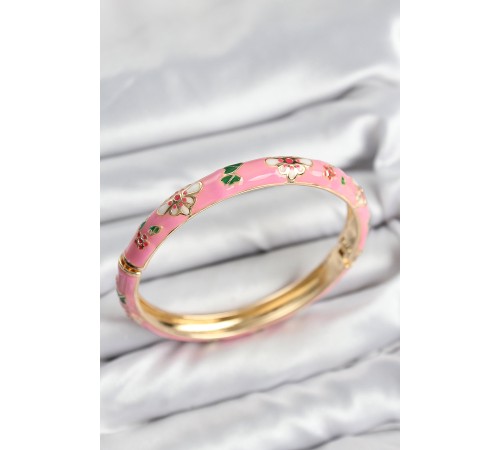 Mineli Pirinç Pembe Çiçek Motifli Gold Kadın Kelepçe - TJ-BB7617 Mineli Pirinç Pembe Çiçek Motifli Gold Kadın Kelepçe - TJ-BB7617