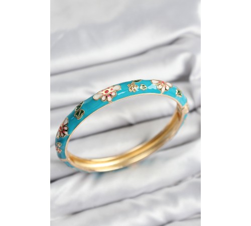 Mineli Pirinç Mavi Çiçek Motifli Gold Kadın Kelepçe - TJ-BB7618 Mineli Pirinç Mavi Çiçek Motifli Gold Kadın Kelepçe - TJ-BB7618