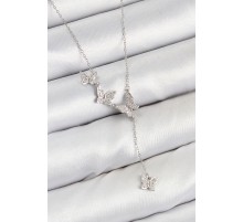 Pirinç Zirkon Taşlı Kelebek Model Gümüş Renk Kadın Kolye - TJ-BKO10415