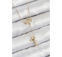 Pirinç Zirkon Taşlı Sallantılı Ayıcıklı Yıldız Model Gold Renk Kadın Kolye - TJ-BKO10418