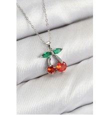 Pirinç Zirkon Taşlı Kiraz Model Gümüş Renk Kadın Kolye - TJ-BKO10421