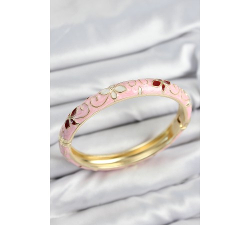 Mineli Pirinç Pembe Çiçek Motifli Gold Kadın Kelepçe - TJ-BB7632 Mineli Pirinç Pembe Çiçek Motifli Gold Kadın Kelepçe - TJ-BB7632