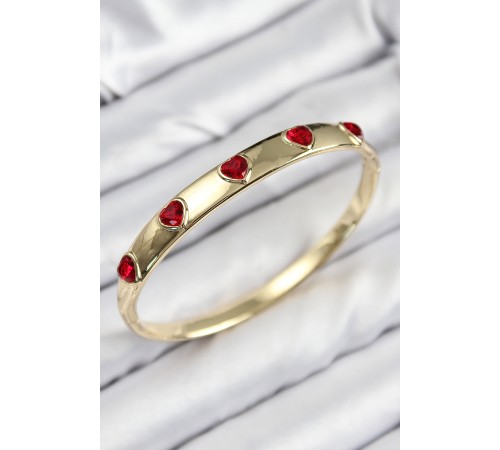 Pirinç Zirkon Taşlı Kırmızı Kalp Model Gold Renk Kadın Kelepçe - TJ-BB7683 Pirinç Zirkon Taşlı Kırmızı Kalp Model Gold Renk Kadın Kelepçe - TJ-BB7683