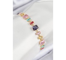 Pirinç Renkli Zirkon Taşlı Sıralı Dikdörtgen Model Gold Renk Kadın Bileklik - TJ-BB7685