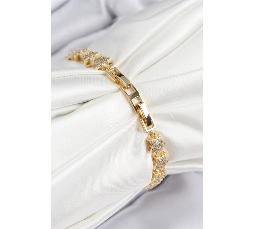 VIP Seri Pirinç Zirkon Taşlı Sıralı Yıldız Model Gold Renk Kadın Bileklik - TJ-BB7697