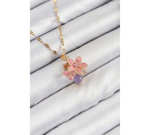 316L Çelik Zirkon Taşlı Arı Detaylı Pembe Çiçek Model Gold Renk Kadın Kolye - TJ-BKO10442 316L Çelik Zirkon Taşlı Arı Detaylı Pembe Çiçek Model Gold Renk Kadın Kolye - TJ-BKO10442