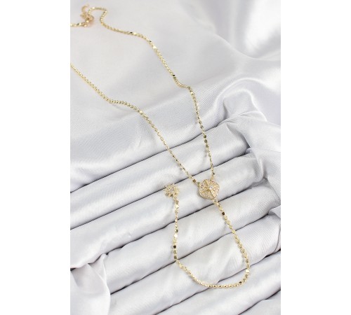 Pirinç Zirkon Taşlı Ezme Zincirli Madalyon Model Gold Renk Y Kolye - TJ-BKO10471