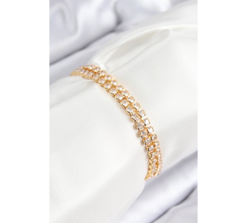 Pirinç Zirkon Taşlı Çift Sıra Model Gold Renk Asansörlü Kadın Bileklik - TJ-BB7739