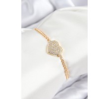 Pirinç Zirkon Taşlı Kalp Model Gold Renk Asansörlü Kadın Bileklik - TJ-BB7747