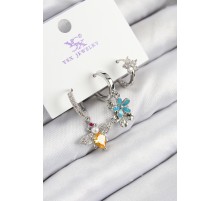 Pirinç Zirkon Taşlı 3'lü Arı Ve Çiçek Model Gümüş Renk Kadın Küpe - TJ-BKP11126