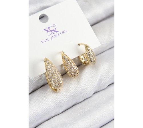 Pirinç Zirkon Taşlı 3'lü Damla Model Gold Renk Kadın Küpe - TJ-BKP11138 Pirinç Zirkon Taşlı 3'lü Damla Model Gold Renk Kadın Küpe - TJ-BKP11138