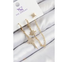 Pirinç Zirkon Taşlı 3'lü Kutup Yıldızı Model Gold Renk Kadın Küpe - TJ-BKP11142