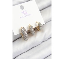 Pirinç Zirkon Taşlı 3'lü Halka Model Gold Ve Gümüş Renk Kadın Küpe - TJ-BKP11148