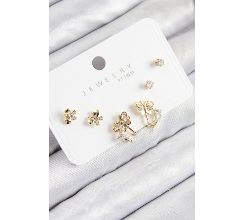 Pirinç Zirkon Taşlı Kelebek Model Gold Renk 925 Ayar Gümüş Çivi Kadın Küpe Set - TJ-BKP11164