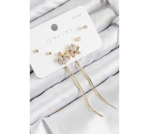 Pirinç Zirkon Taşlı Sallantılı Fiyonk Model Gold Renk 925 Ayar Gümüş Çivi Kadın Küpe Set - TJ-BKP11170 Pirinç Zirkon Taşlı Sallantılı Fiyonk Model Gold Renk 925 Ayar Gümüş Çivi Kadın Küpe Set - TJ-BKP11170