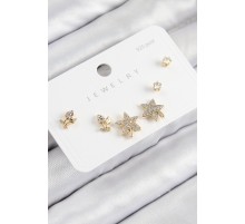 Pirinç Zirkon Taşlı Yıldız Ve Gül Model Gold Renk 925 Ayar Gümüş Çivi Kadın Küpe Set - TJ-BKP11180