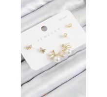 Pirinç Zirkon Taşlı İnci Melek Model Gold Renk 925 Ayar Gümüş Çivi Kadın Küpe Set - TJ-BKP11188