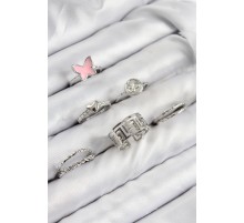 Pirinç Kelebek Ve Kalp Model Gümüş Renk Kadın Yüzük Kombin Set - TJ-BYK3816