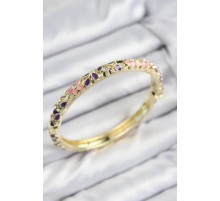 Mineli Pirinç Zirkon Taşlı Pembe Mor Çiçek Motifli Gold Kadın Kelepçe - TJ-BB7750