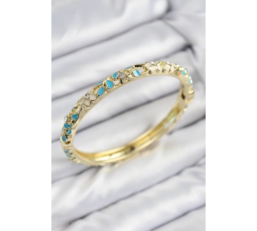 Mineli Pirinç Zirkon Taşlı Turkuaz Krem Çiçek Motifli Gold Kadın Kelepçe - TJ-BB7751 Mineli Pirinç Zirkon Taşlı Turkuaz Krem Çiçek Motifli Gold Kadın Kelepçe - TJ-BB7751