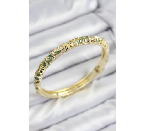 Mineli Pirinç Zirkon Taşlı Yeşil Sarı Çiçek Motifli Gold Kadın Kelepçe - TJ-BB7753 Mineli Pirinç Zirkon Taşlı Yeşil Sarı Çiçek Motifli Gold Kadın Kelepçe - TJ-BB7753