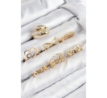 Pirinç Zirkon Taşlı Fiyonk Ve Kalp Model Gold Renk Kadın Yüzük Kombin Set - TJ-BYK3823