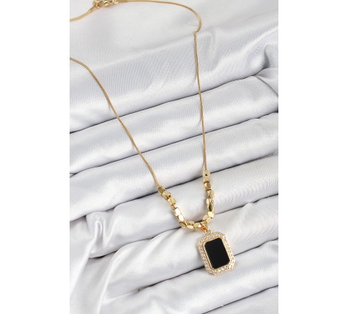 316L Çelik Zirkon Taşlı Siyah Baget Model Gold Renk Kadın Kolye - TJ-BKO10480