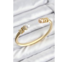 316L Çelik Zirkon Taşlı İnci Model Gold Renk Kadın Bileklik - TJ-BB7779