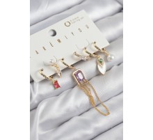 Pirinç Zirkon Taşlı Sallantılı Ve İncili Gold Renk 6'lı Küpe Set - TJ-BKP11204