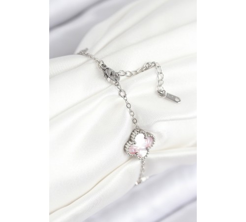 316L Çelik Sedefli Pembe Gümüş Renk Yonca Kadın Bileklik - TJ-BB7812