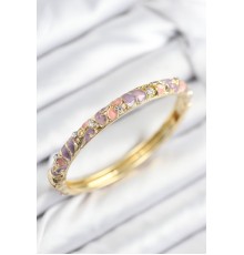 Mineli Pirinç Zirkon Taşlı Pembe Mor Çiçek Motifli Gold Kadın Kelepçe - TJ-BB7814