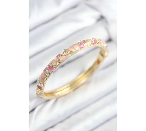 Mineli Pirinç Zirkon Taşlı Pembe Çiçek Motifli Gold Kadın Kelepçe - TJ-BB7817 Mineli Pirinç Zirkon Taşlı Pembe Çiçek Motifli Gold Kadın Kelepçe - TJ-BB7817