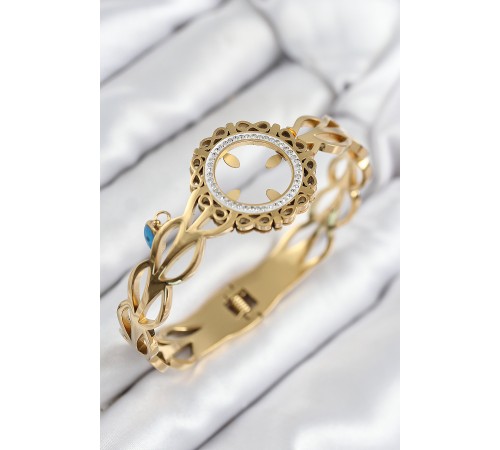 316L Çelik Zirkon Taşlı Çeyrek Takılabilir Gold Renk Kelepçe - TJ-BB7822
