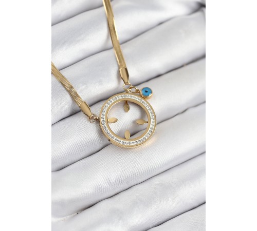 316L Çelik Zirkon Taşlı Çeyrek Takılabilir Gold Renk Kadın Kolye - TJ-BKO10506