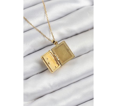 316L Çelik Zirkon Taşlı Açılabilr Kapaklı Kitap Model Gold Renk Kadın Kolye - TJ-BKO10515
